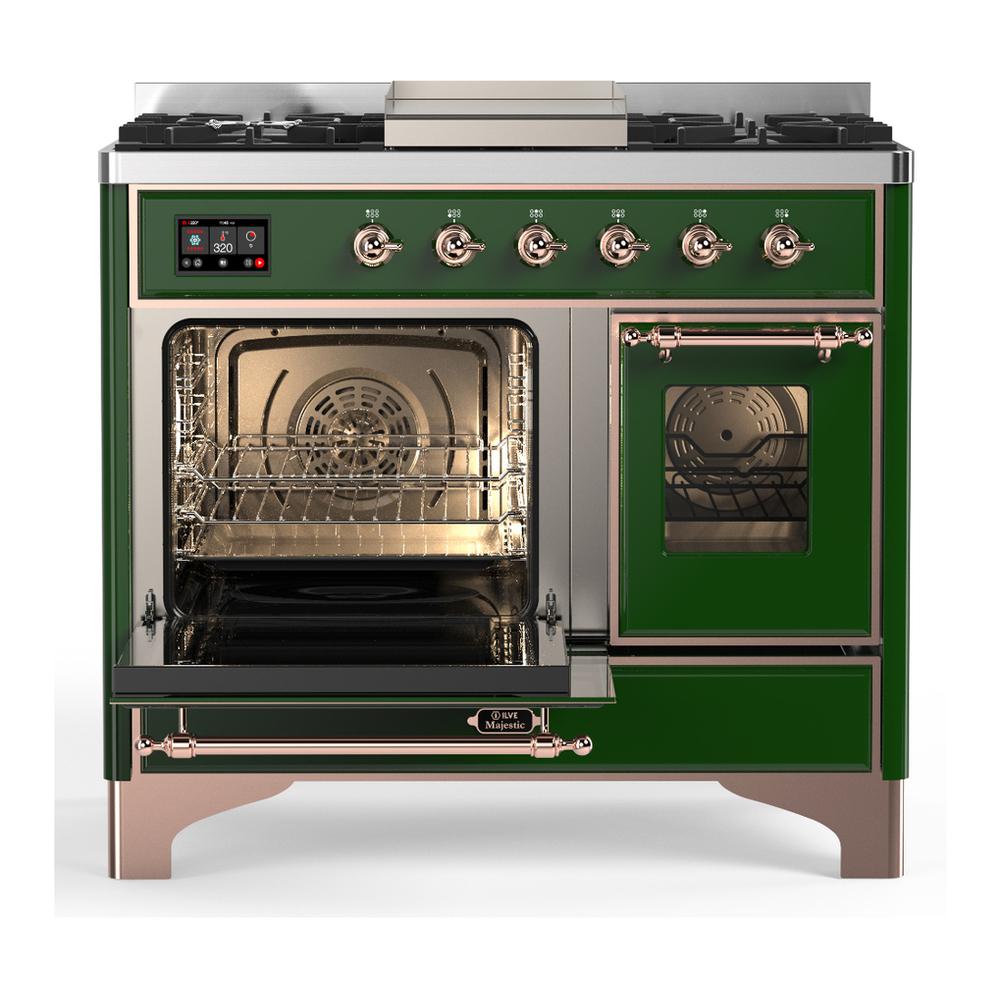 Ilve UMD40FNR3EGP Ilve Umd40Fnr3Egp Majestic Iii 40 Inch Dual Fuel Range With 6 Burners And Griddle, Dual Function Burner Up To 25,000 Btu (Natural Gas, Triple Glass Door, Emerald Green, Copper)