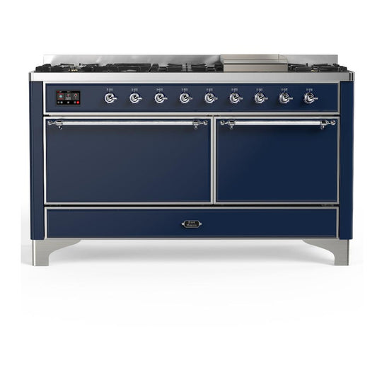 Ilve UM60FQNR3MBC Ilve Um60Fqnr3Mbc Majestic Iii 60 Inch Dual Fuel Range With 9 Burners And Griddle, Dual Function Burner Up To 25,000 Btu (Natural Gas, Solid Door, Midnight Blue, Chrome)