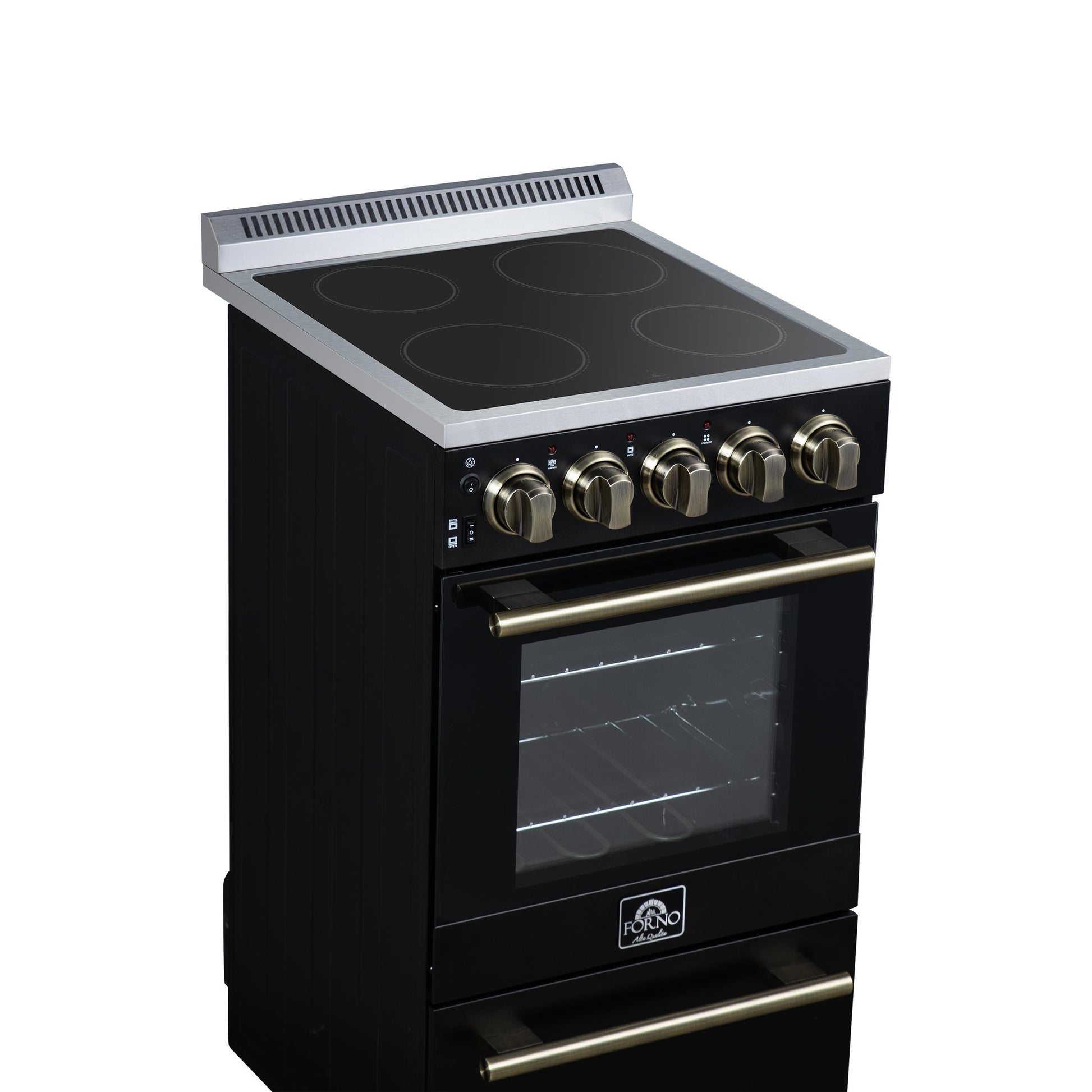 Forno FFSEL605220BLK Forno Pallerano 20 Inch Freestanding Electric Range In Black With Antique Brass, Compact Design