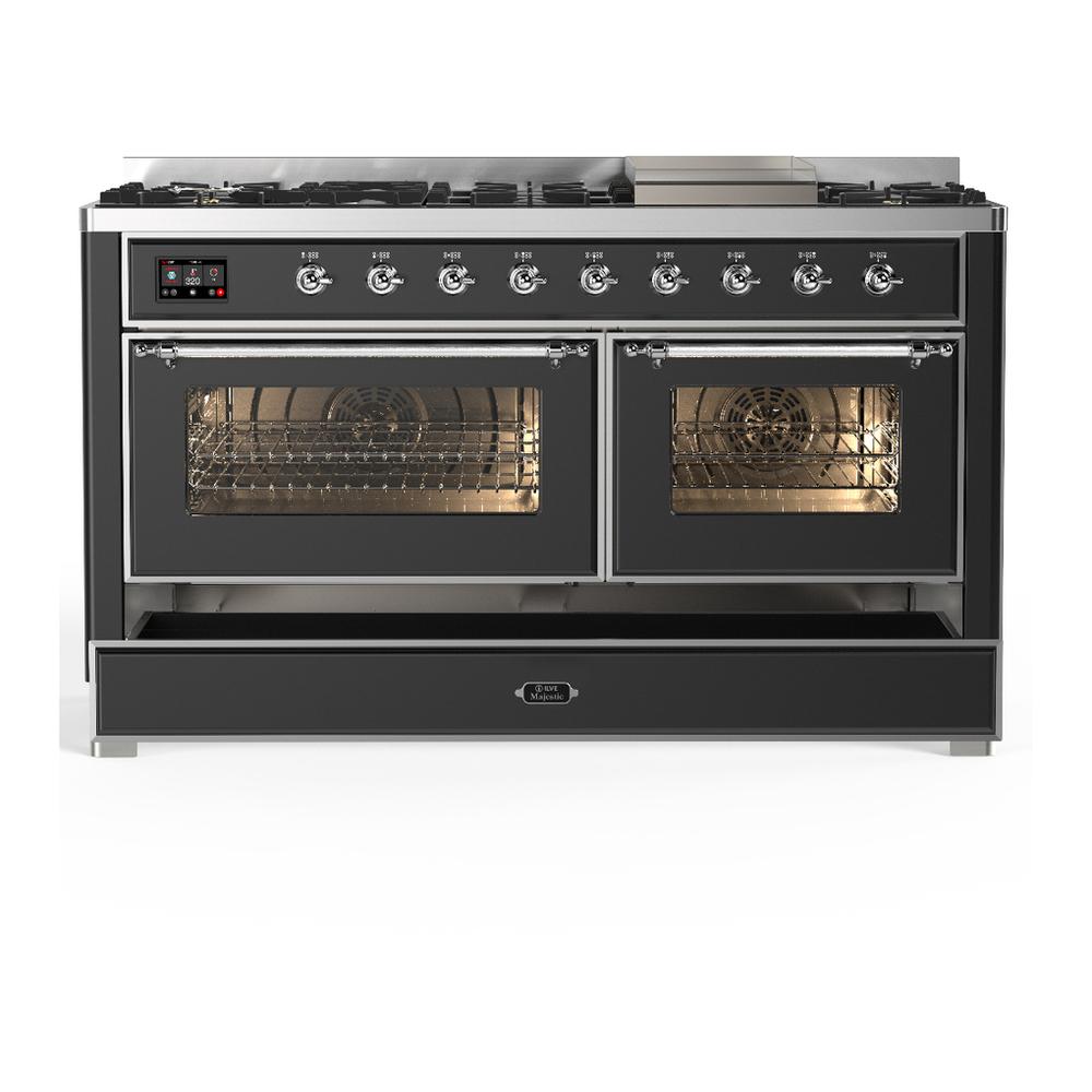 Ilve UM60FNR3MGCLP Ilve Um60Fnr3Mgclp Majestic Iii 60 Inch Dual Fuel Range With 9 Burners And Griddle, Dual Function Burner Up To 25,000 Btu (Liquid Propane, Triple Glass Door, Graphite Matte, Chrome)