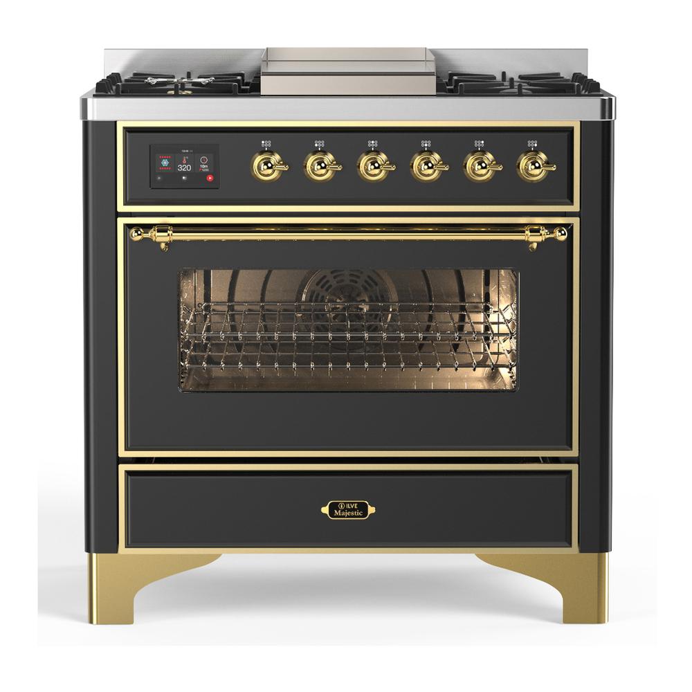 Ilve UM36FNR3MGG Ilve Um36Fnr3Mgg Majestic Iii 36 Inch Dual Fuel Range With 6 Black Brass Burners And Griddle, Dual Function Burner Up To 25,000 Btu (Triple Glass Door, Graphite Matte, Brass, Natural Gas)