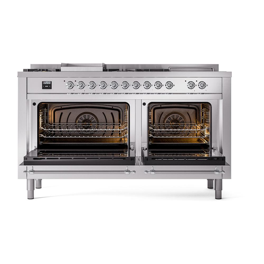 Ilve UN60FSNMPSSC Ilve Un60Fsnmpssc Nostalgie Ii Noblesse 60" Dual Fuel Range (7 Sealed Burners + Griddle + French Top, Natural Gas, Triple Glass Door, Stainless Steel, Chrome)