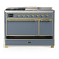 Ilve UM48FSQNR3BGG Ilve Um48Fsqnr3Bgg Majestic Iii 48 Inch Dual Fuel Range With 5 Black Brass Burners, Griddle And French Top, Dual Function Burner Up To 25,000 Btu (Natural Gas, Solid Door, Blue Grey, Brass)