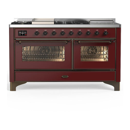 Ilve UM60FSNR3BUB Ilve Um60Fsnr3Bub Majestic Iii 60 Inch Dual Fuel Range With 7 Burners, Griddle And French Top, Dual Function Burner With Up To 25,000 Btu (Natural Gas, Triple Glass Door, Burgundy, Burnished)