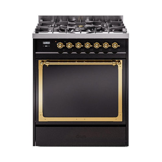 Ilve UN30QNMPBKGLP Ilve Un30Qnmpbkglp Nostalgie Ii Noblesse 30" Dual Fuel Range (Liquid Propane, Solid Door, Glossy Black, Brass)
