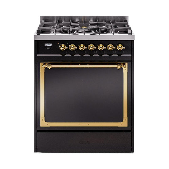 Ilve UN30QNMPBKGLP Ilve Un30Qnmpbkglp Nostalgie Ii Noblesse 30" Dual Fuel Range (Liquid Propane, Solid Door, Glossy Black, Brass)
