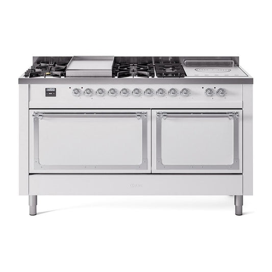 Ilve UN60FSQNMPWHC Ilve Un60Fsqnmpwhc Nostalgie Ii Noblesse 60" Dual Fuel Range (7 Sealed Burners + Griddle + French Top, Natural Gas, Solid Door, White, Chrome)