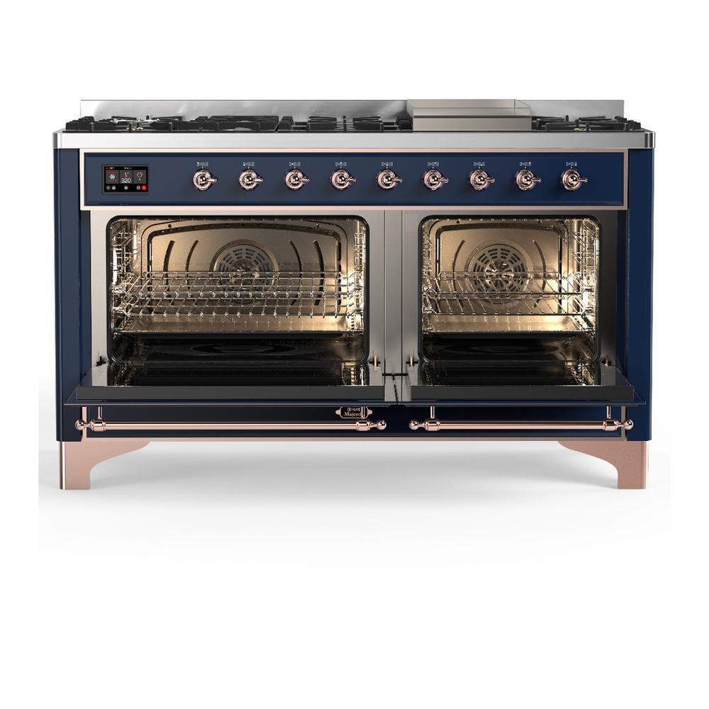 Ilve UM60FQNR3MBP Ilve Um60Fqnr3Mbp Majestic Iii 60 Inch Dual Fuel Range With 9 Burners And Griddle, Dual Function Burner Up To 25,000 Btu (Natural Gas, Solid Door, Midnight Blue, Copper)