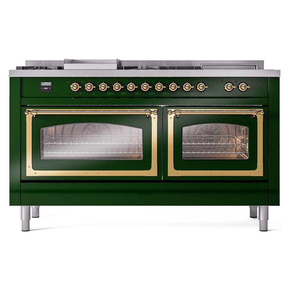 Ilve UN60FSNMPEGGLP Ilve Un60Fsnmpegglp Nostalgie Ii Noblesse 60" Dual Fuel Range (7 Sealed Burners + Griddle + French Top, Liquid Propane, Triple Glass Door, Emerald Green, Brass)