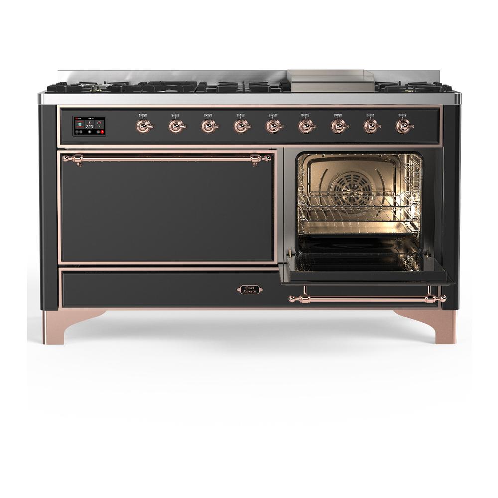 Ilve UM60FQNR3MGPLP Ilve Um60Fqnr3Mgplp Majestic Iii 60 Inch Dual Fuel Range With 9 Burners And Griddle, Dual Function Burner Up To 25,000 Btu (Liquid Propane, Solid Door, Graphite Matte, Copper)