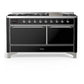Ilve UM60FQNR3BKC Ilve Um60Fqnr3Bkc Majestic Iii 60 Inch Dual Fuel Range With 9 Burners And Griddle, Dual Function Burner Up To 25,000 Btu (Natural Gas, Solid Door, Glossy Black, Chrome)
