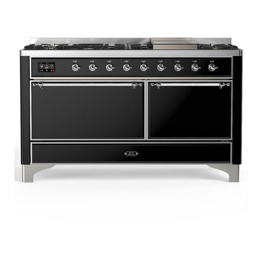 Ilve UM60FQNR3BKC Ilve Um60Fqnr3Bkc Majestic Iii 60 Inch Dual Fuel Range With 9 Burners And Griddle, Dual Function Burner Up To 25,000 Btu (Natural Gas, Solid Door, Glossy Black, Chrome)