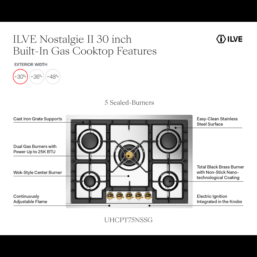 Ilve UHCPT75NSSG Ilve Uhcpt75Nssg Nostalgie Ii 30 Inch Built-In Gas Cooktop With 5 Burners, In Stainless Steel (Natural Gas)