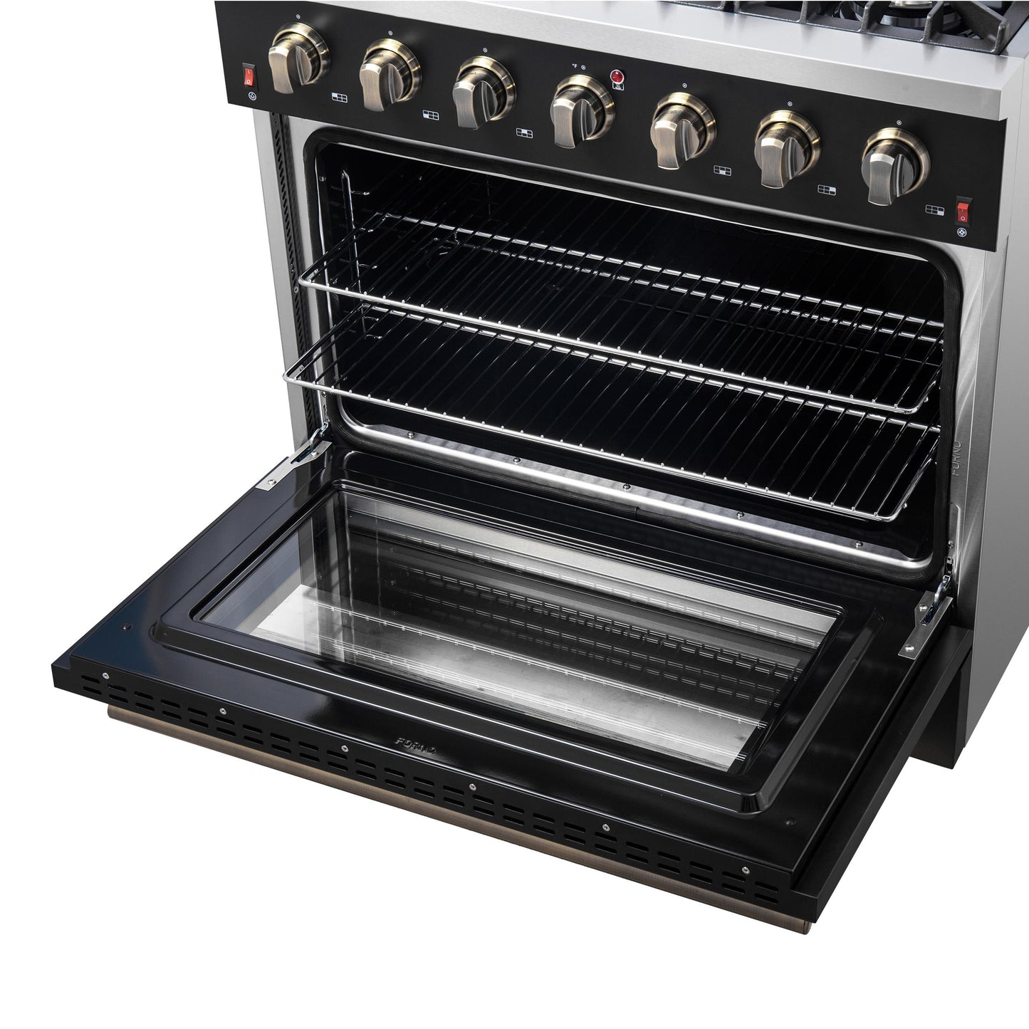Forno FFSGS624436BLK Forno Galiano 36-Inch Freestanding Gas Range In Black With Antique Brass Design, 6 Burners, 83,000 Btu, 5.36 Cu.Ft. Convection Oven