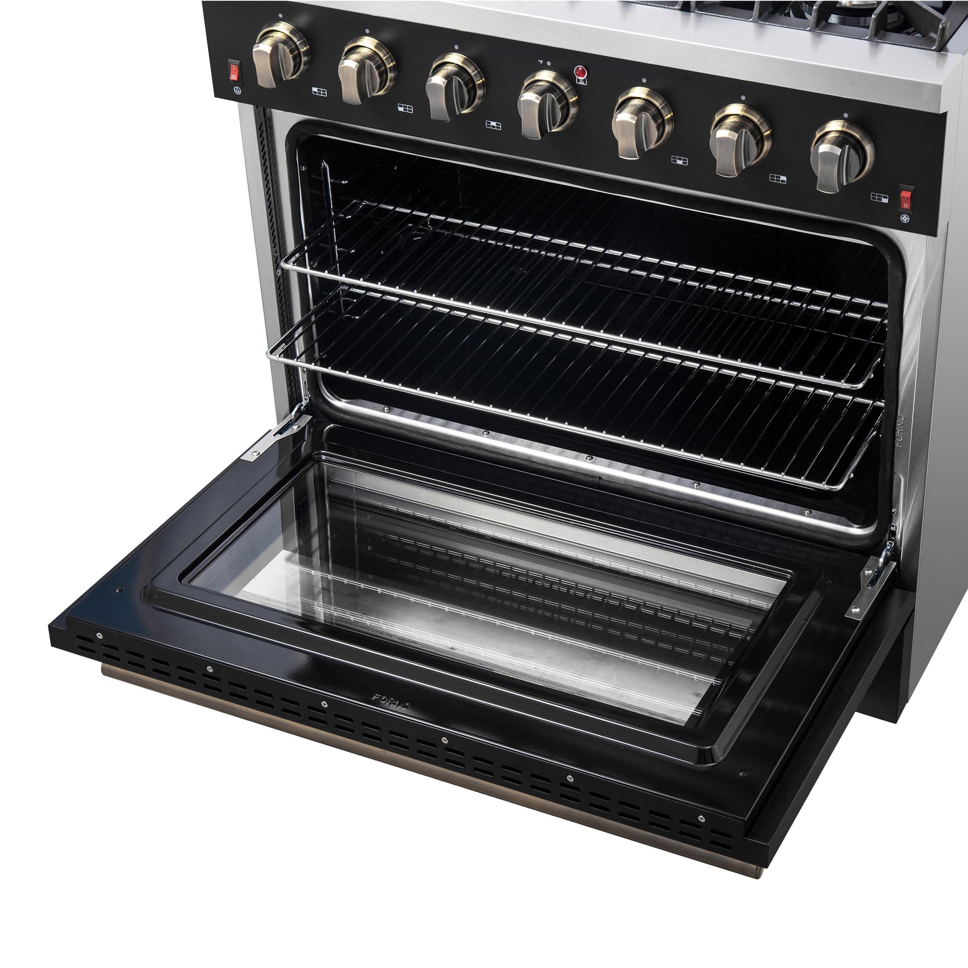 Forno FFSGS624436BLK Forno Galiano 36-Inch Freestanding Gas Range In Black With Antique Brass Design, 6 Burners, 83,000 Btu, 5.36 Cu.Ft. Convection Oven