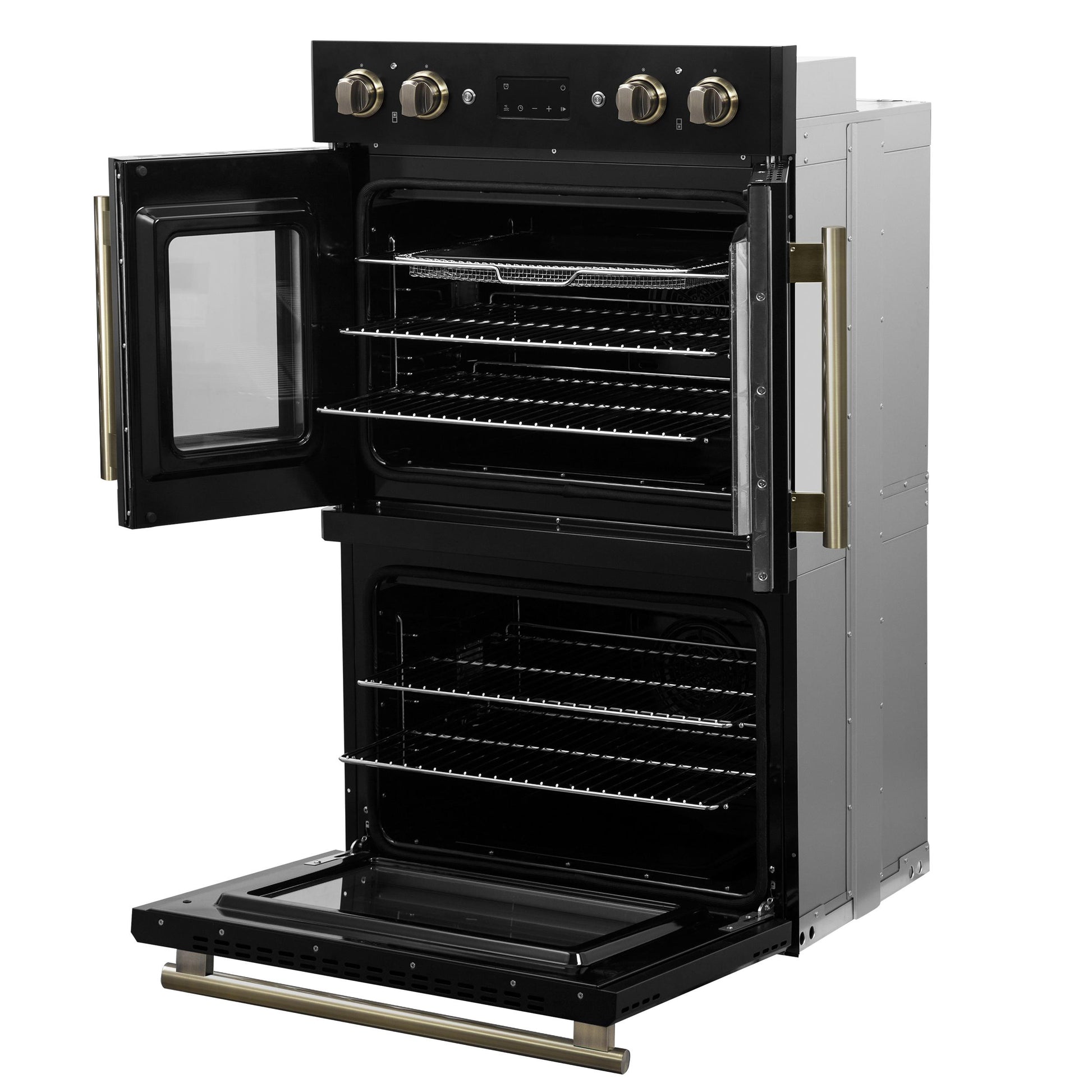 Forno FBOEL134030BLK Forno Asti 30-Inch Double Electric Wall Oven With Upper French Doors In Black & Antique Brass, 7.36 Cu. Ft. Dual True Convection, 7,200W, Air Fry, Sous Vide, Self-Clean