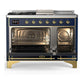 Ilve UM48FSNR3MBGLP Ilve Um48Fsnr3Mbglp Majestic Iii 48 Inch Dual Fuel Range With 5 Black Brass Burners, Griddle And French Top, Dual Function Burner Up To 25,000 Btu (Liquid Propane, Triple Glass Door, Midnight Blue, Brass)
