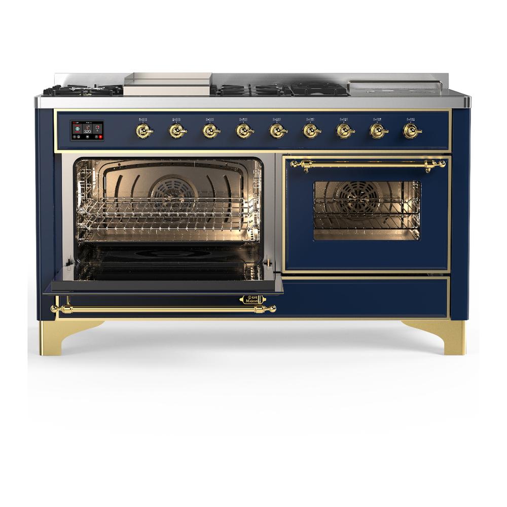 Ilve UM60FSNR3MBG Ilve Um60Fsnr3Mbg Majestic Iii 60 Inch Dual Fuel Range With 7 Burners, Griddle And French Top, Dual Function Burner With Up To 25,000 Btu (Natural Gas, Triple Glass Door, Midnight Blue, Brass)