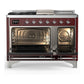 Ilve UM48FSQNR3BUCLP Ilve Um48Fsqnr3Buclp Majestic Iii 48 Inch Dual Fuel Range With 5 Black Brass Burners, Griddle And French Top, Dual Function Burner Up To 25,000 Btu (Liquid Propane, Solid Door, Burgundy, Chrome)