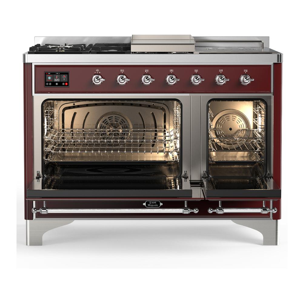 Ilve UM48FSQNR3BUCLP Ilve Um48Fsqnr3Buclp Majestic Iii 48 Inch Dual Fuel Range With 5 Black Brass Burners, Griddle And French Top, Dual Function Burner Up To 25,000 Btu (Liquid Propane, Solid Door, Burgundy, Chrome)