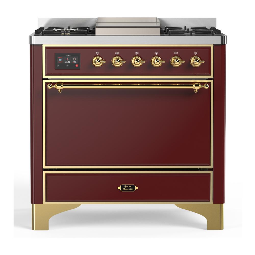 Ilve UM36FQNR3BUGLP Ilve Um36Fqnr3Buglp Majestic Iii 36 Inch Dual Fuel Range With 6 Black Brass Burners And Griddle, Dual Function Burner Up To 25,000 Btu (Solid Door, Burgundy, Brass, Liquid Propane)