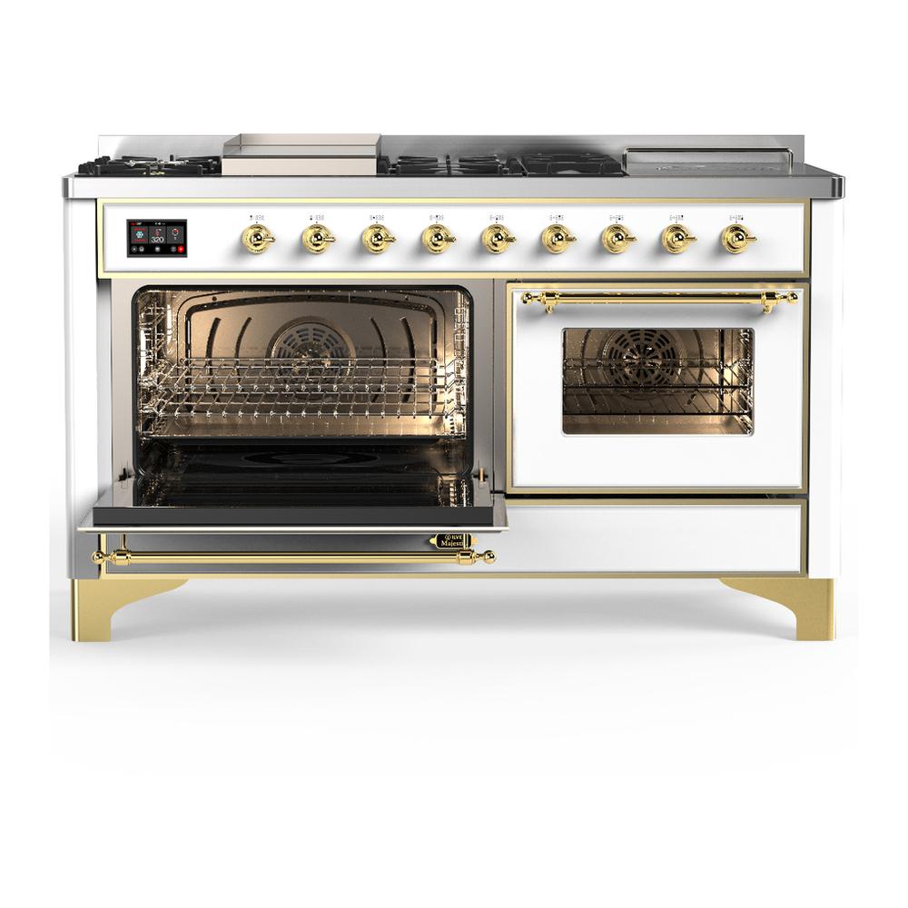 Ilve UM60FSNR3WHGLP Ilve Um60Fsnr3Whglp Majestic Iii 60 Inch Dual Fuel Range With 7 Burners, Griddle And French Top, Dual Function Burner With Up To 25,000 Btu (Liquid Propane, Triple Glass Door, White, Brass)