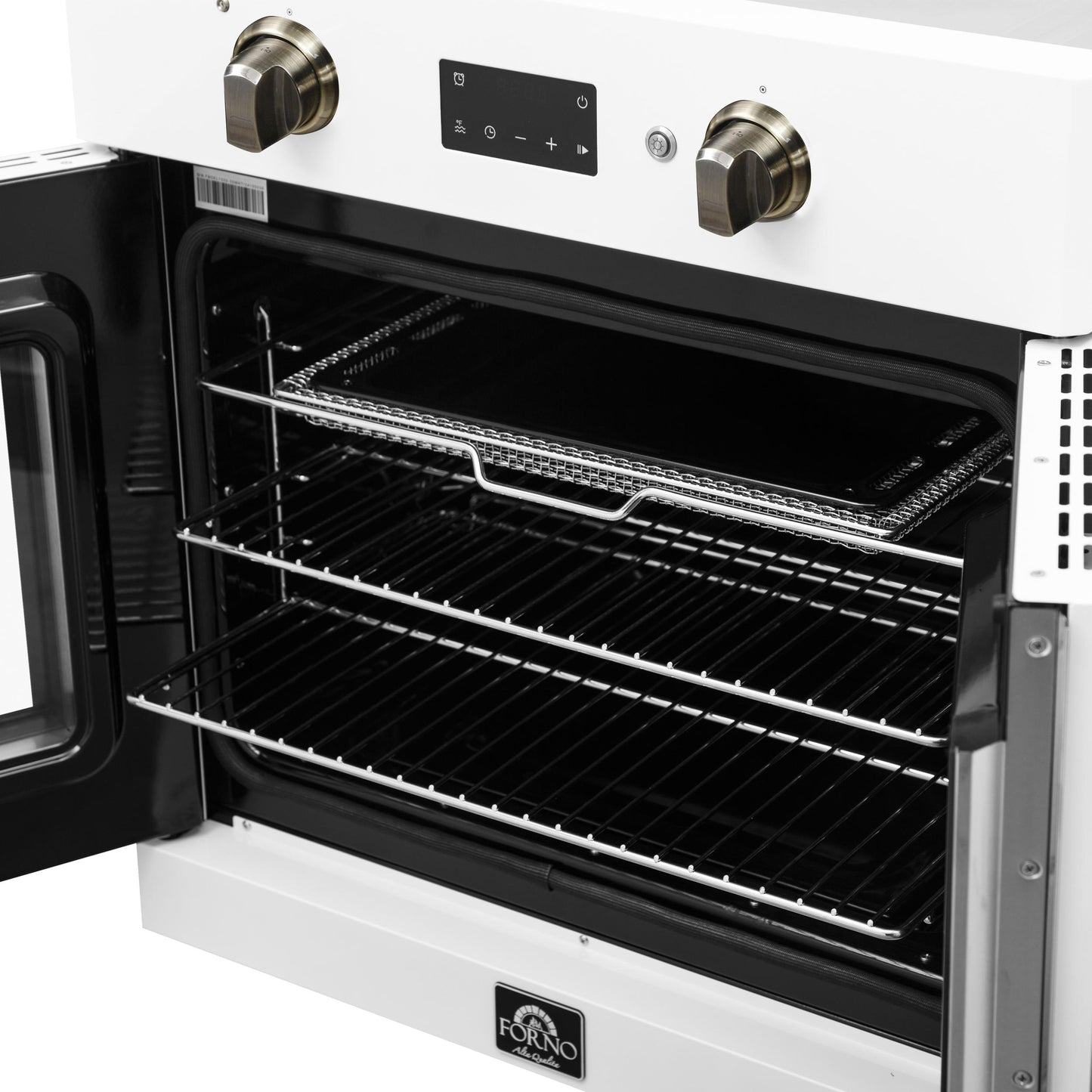Forno FBOEL133330WHT Forno Asti 30-Inch French Door Electric Wall Oven In White & Antique Brass, 3.68 Cu. Ft. True Convection, 3,600W, Air Fry, Sous Vide, Self-Clean
