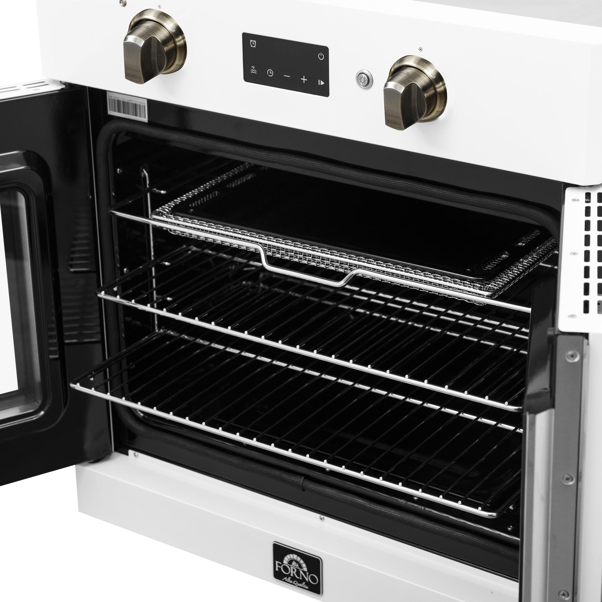 Forno FBOEL133330WHT Forno Asti 30-Inch French Door Electric Wall Oven In White & Antique Brass, 3.68 Cu. Ft. True Convection, 3,600W, Air Fry, Sous Vide, Self-Clean
