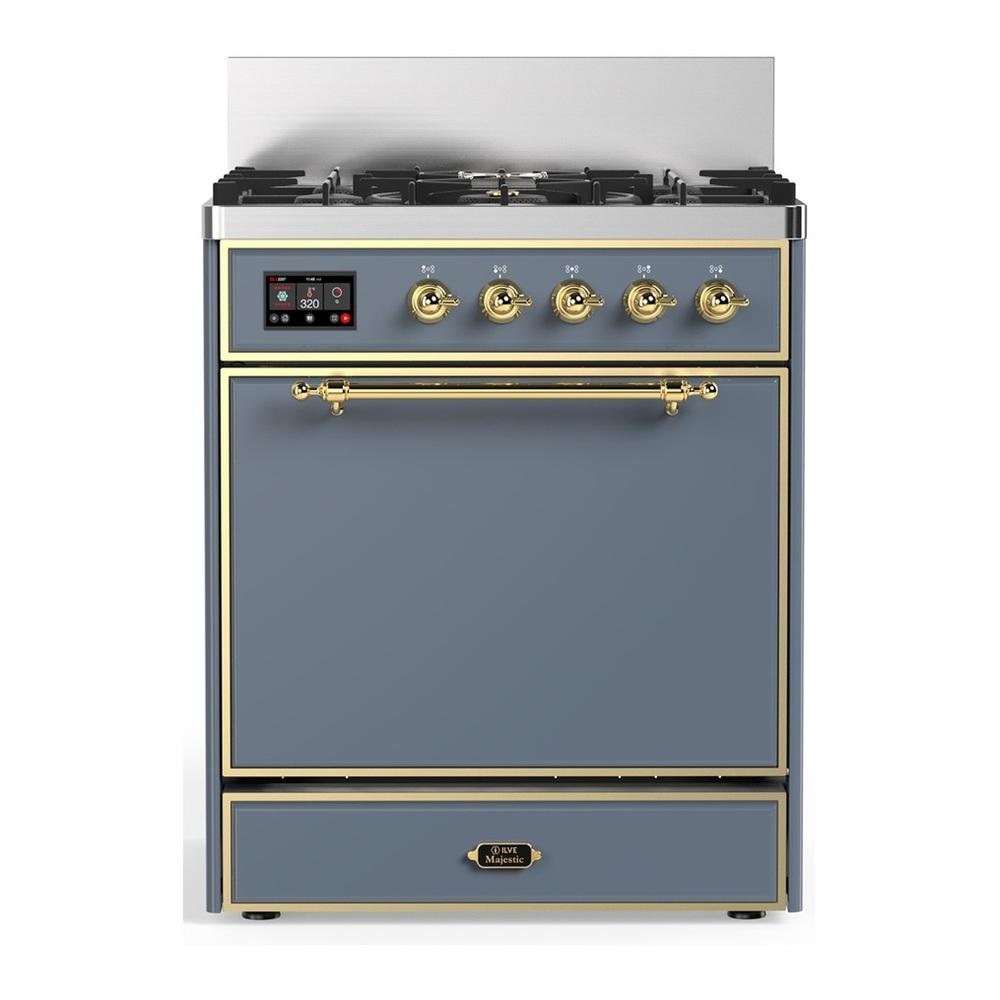 Ilve UM30QNR3BGGLP Ilve Um30Qnr3Bgglp Majestic Iii 30 Inch Dual Fuel Range With 5 Black Brass Burners, Dual Function Burner Up To 25,000 Btu (Liquid Propane, Solid Door, Blue Grey, Brass)