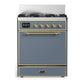 Ilve UM30QNR3BGGLP Ilve Um30Qnr3Bgglp Majestic Iii 30 Inch Dual Fuel Range With 5 Black Brass Burners, Dual Function Burner Up To 25,000 Btu (Liquid Propane, Solid Door, Blue Grey, Brass)