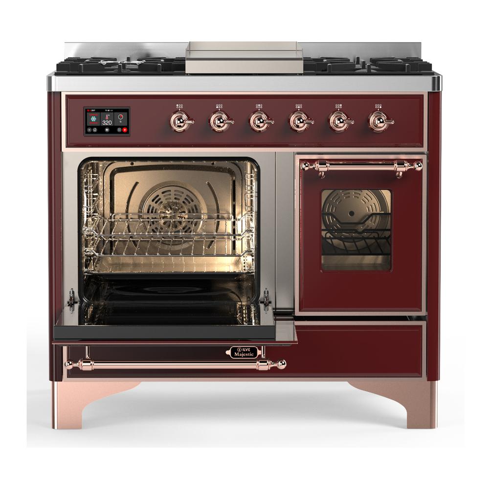 Ilve UMD40FNR3BUP Ilve Umd40Fnr3Bup Majestic Iii 40 Inch Dual Fuel Range With 6 Burners And Griddle, Dual Function Burner Up To 25,000 Btu (Natural Gas, Triple Glass Door, Burgundy, Copper)