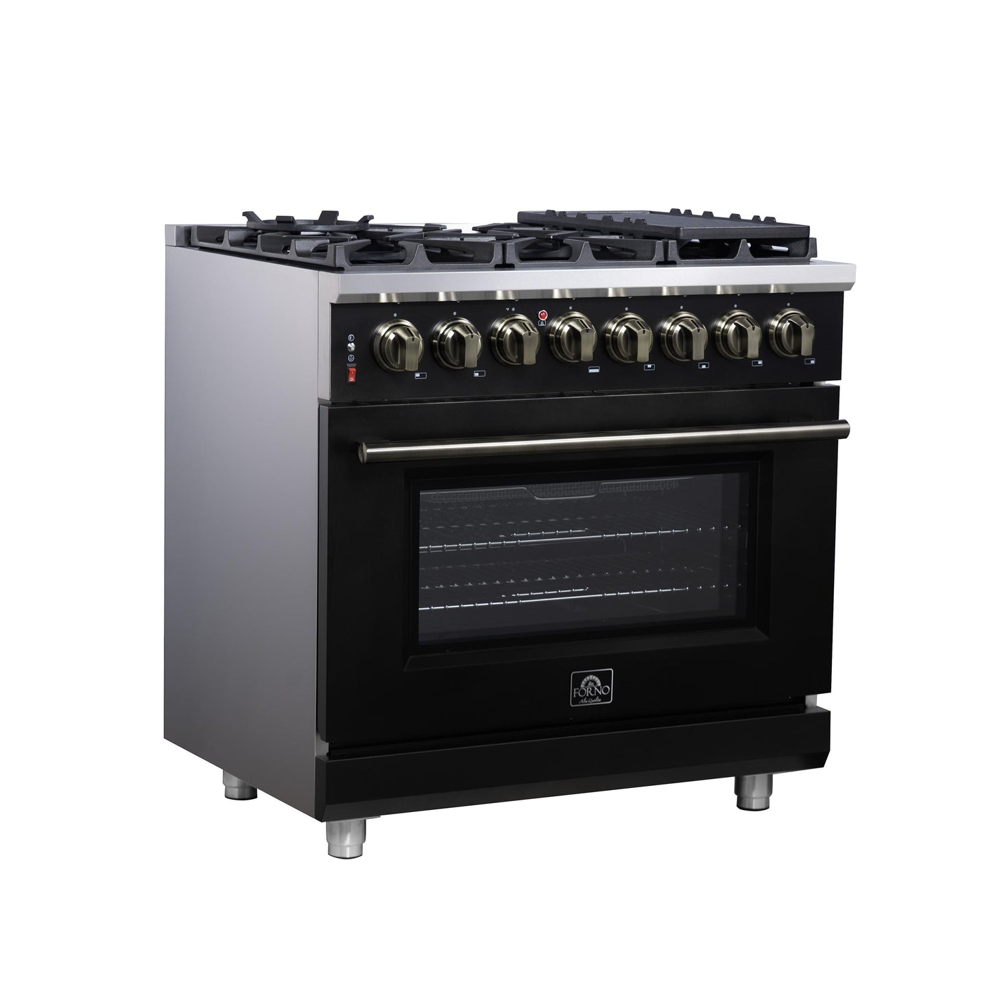 Forno FFSGS612536BLK Forno Massimo 36 Inch Freestanding Dual Fuel Range In Black With Antique Brass Accessories, 6 Burners, 5.36 Cu. Ft. Convection Oven