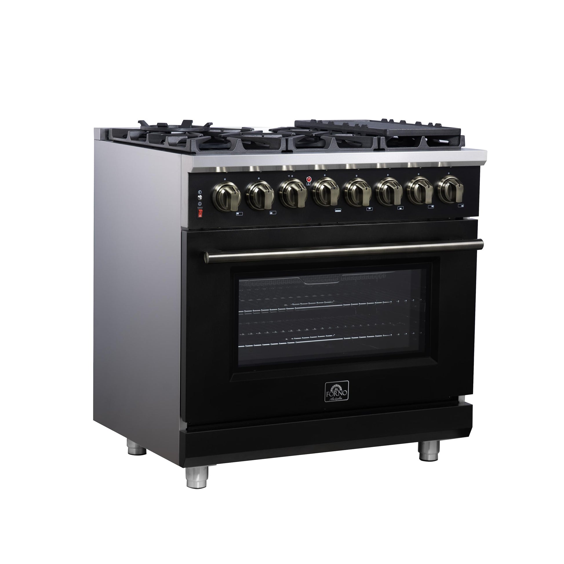 Forno FFSGS612536BLK Forno Massimo 36 Inch Freestanding Dual Fuel Range In Black With Antique Brass Accessories, 6 Burners, 5.36 Cu. Ft. Convection Oven