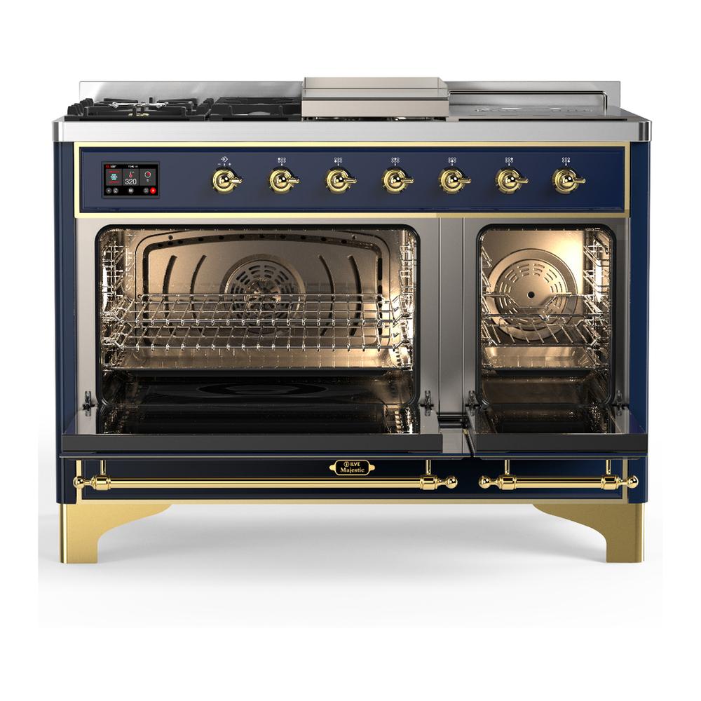 Ilve UM48FSQNR3MBG Ilve Um48Fsqnr3Mbg Majestic Iii 48 Inch Dual Fuel Range With 5 Black Brass Burners, Griddle And French Top, Dual Function Burner Up To 25,000 Btu (Natural Gas, Solid Door, Midnight Blue, Brass)