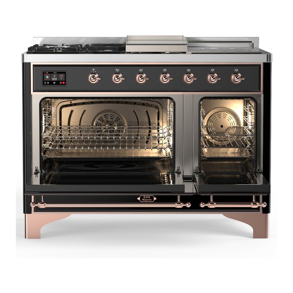 Ilve UM48FSQNR3BKPLP Ilve Um48Fsqnr3Bkplp Majestic Iii 48 Inch Dual Fuel Range With 5 Black Brass Burners, Griddle And French Top, Dual Function Burner Up To 25,000 Btu (Liquid Propane, Solid Door, Glossy Black, Copper)