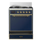 Ilve UM30QNR3MBG Ilve Um30Qnr3Mbg Majestic Iii 30 Inch Dual Fuel Range With 5 Black Brass Burners, Dual Function Burner Up To 25,000 Btu (Natural Gas, Solid Door, Midnight Blue, Brass)