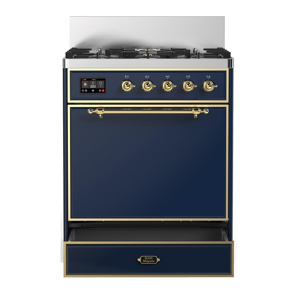 Ilve UM30QNR3MBG Ilve Um30Qnr3Mbg Majestic Iii 30 Inch Dual Fuel Range With 5 Black Brass Burners, Dual Function Burner Up To 25,000 Btu (Natural Gas, Solid Door, Midnight Blue, Brass)