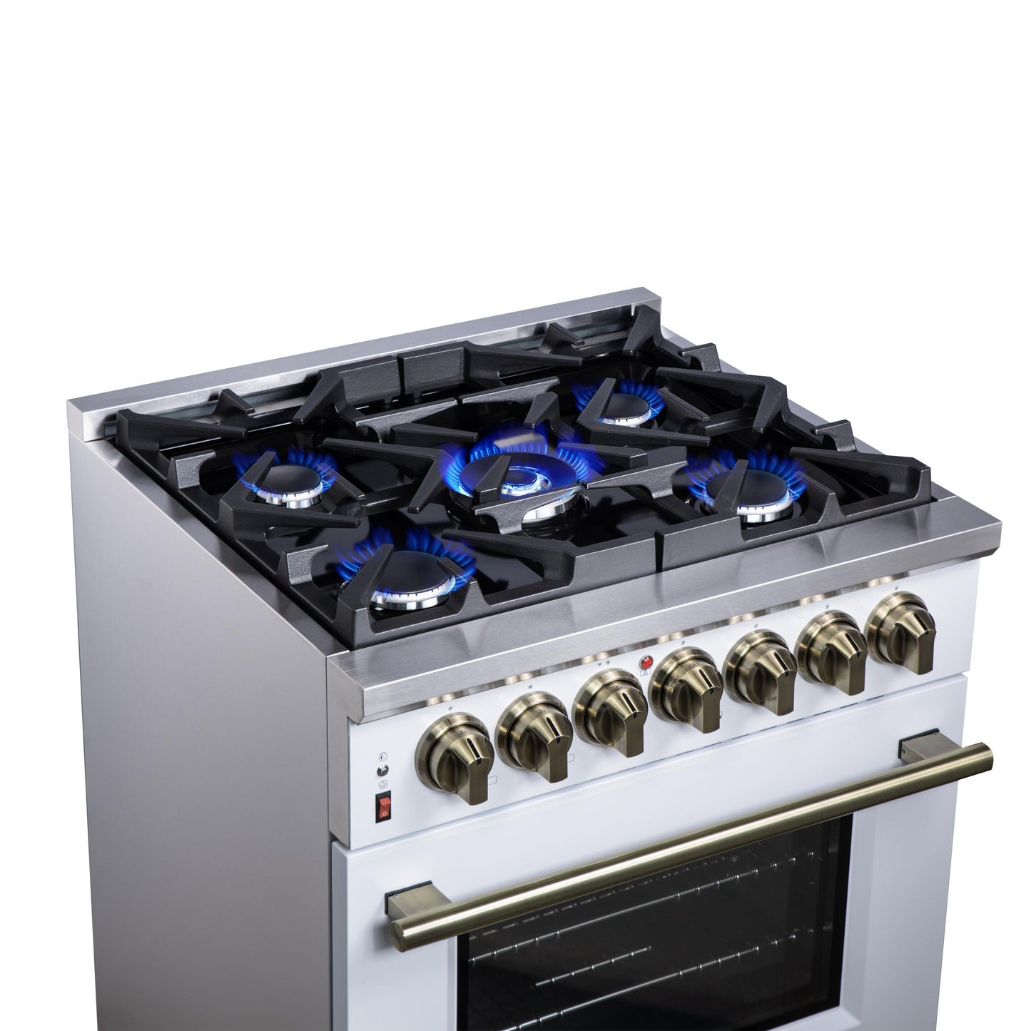 Forno FFSGS612530WHT Forno Massimo 30-Inch Freestanding Dual Fuel Range In White With Antique Brass Accessories, 4 Burners, 4.32 Cu. Ft. Convection Oven