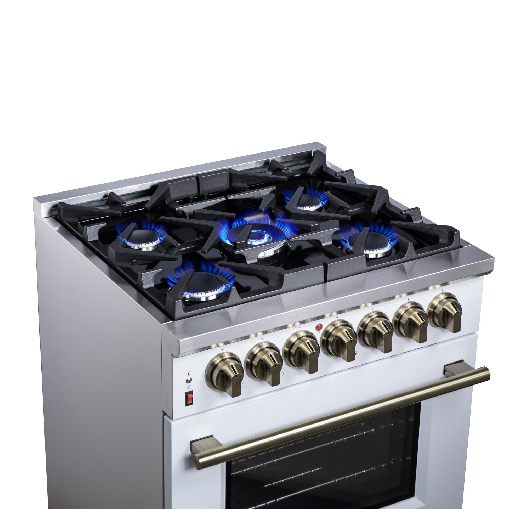 Forno FFSGS612530WHT Forno Massimo 30-Inch Freestanding Dual Fuel Range In White With Antique Brass Accessories, 4 Burners, 4.32 Cu. Ft. Convection Oven