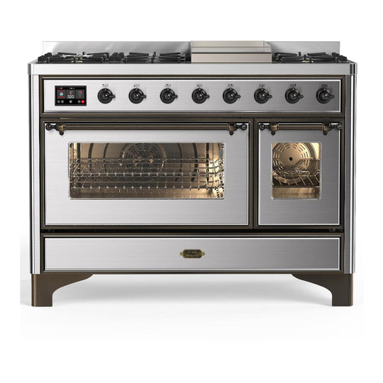 Ilve UM48FNR3SSB Ilve Um48Fnr3Ssb Majestic Iii 48 Inch Dual Fuel Range With 8 Burners And Griddle, Dual Function Burner Up To 25,000 Btu (Natural Gas, Triple Glass Door, Stainless Steel, Burnished)