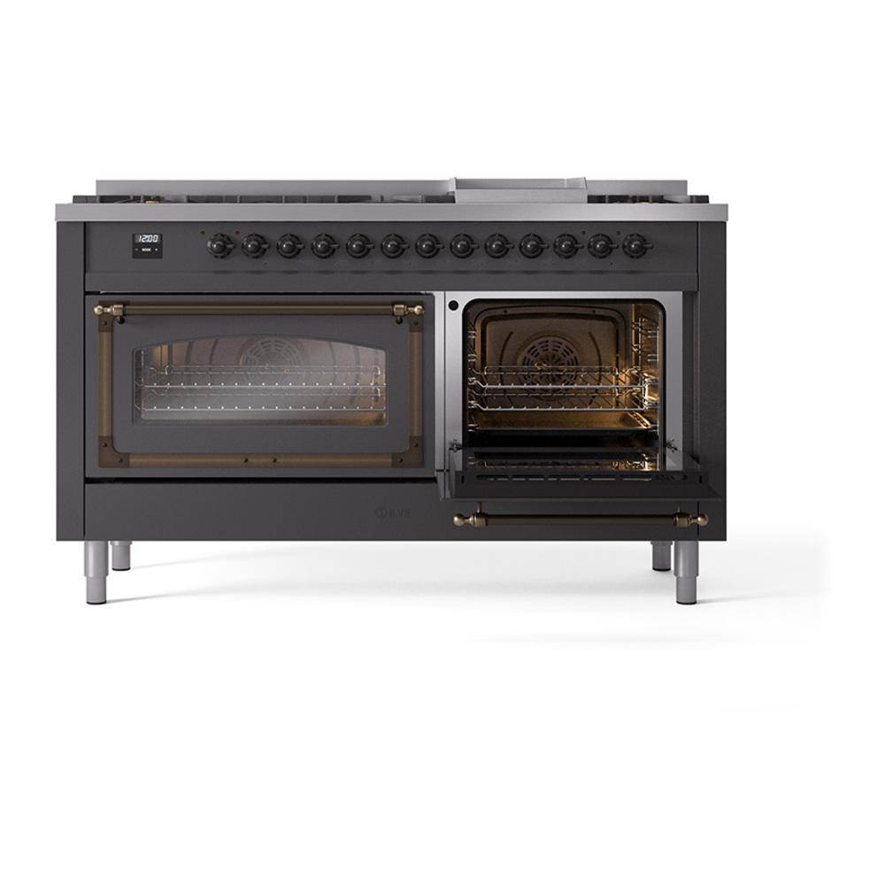 Ilve UN60FNMPMGBLP Ilve Un60Fnmpmgblp Nostalgie Ii Noblesse 60" Dual Fuel Range (9 Sealed Burners + Griddle, Liquid Propane, Triple Glass Door, Graphite Matte, Burnished)
