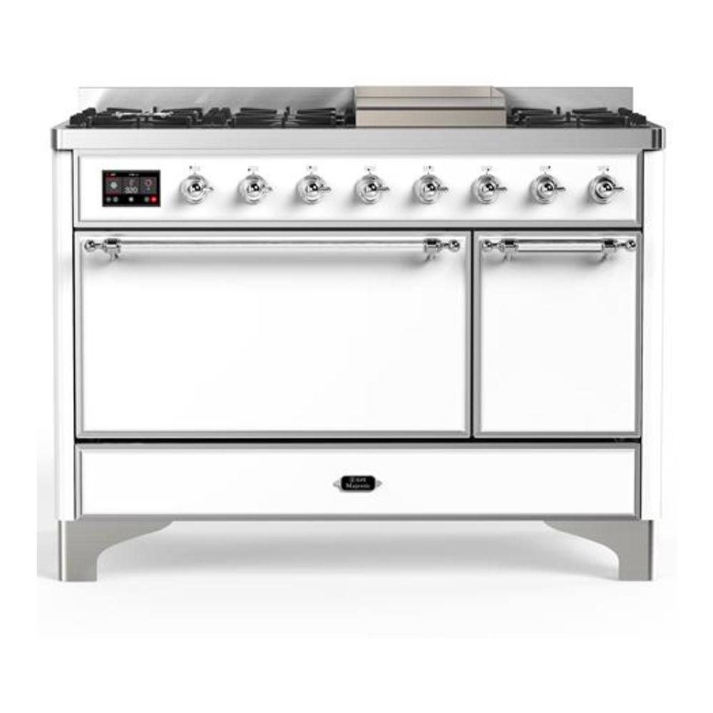 Ilve UM48FQNR3WHCLP Ilve Um48Fqnr3Whclp Majestic Iii 48 Inch Dual Fuel Range With 8 Burners And Griddle, Dual Function Burner Up To 25,000 Btu (Liquid Propane, Solid Door, White, Chrome)