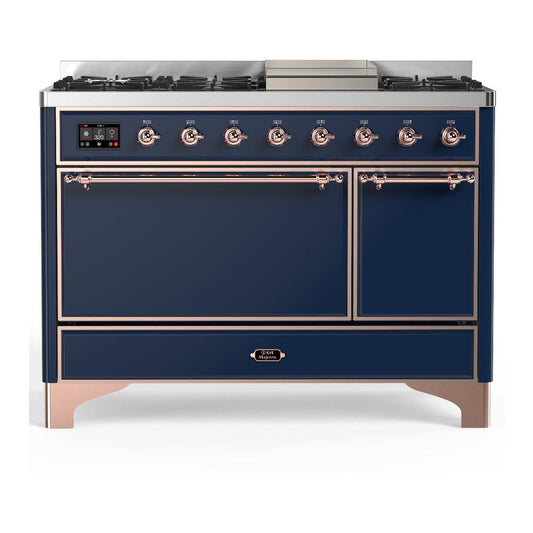 Ilve UM48FQNR3MBP Ilve Um48Fqnr3Mbp Majestic Iii 48 Inch Dual Fuel Range With 8 Burners And Griddle, Dual Function Burner Up To 25,000 Btu (Natural Gas, Solid Door, Midnight Blue, Copper)