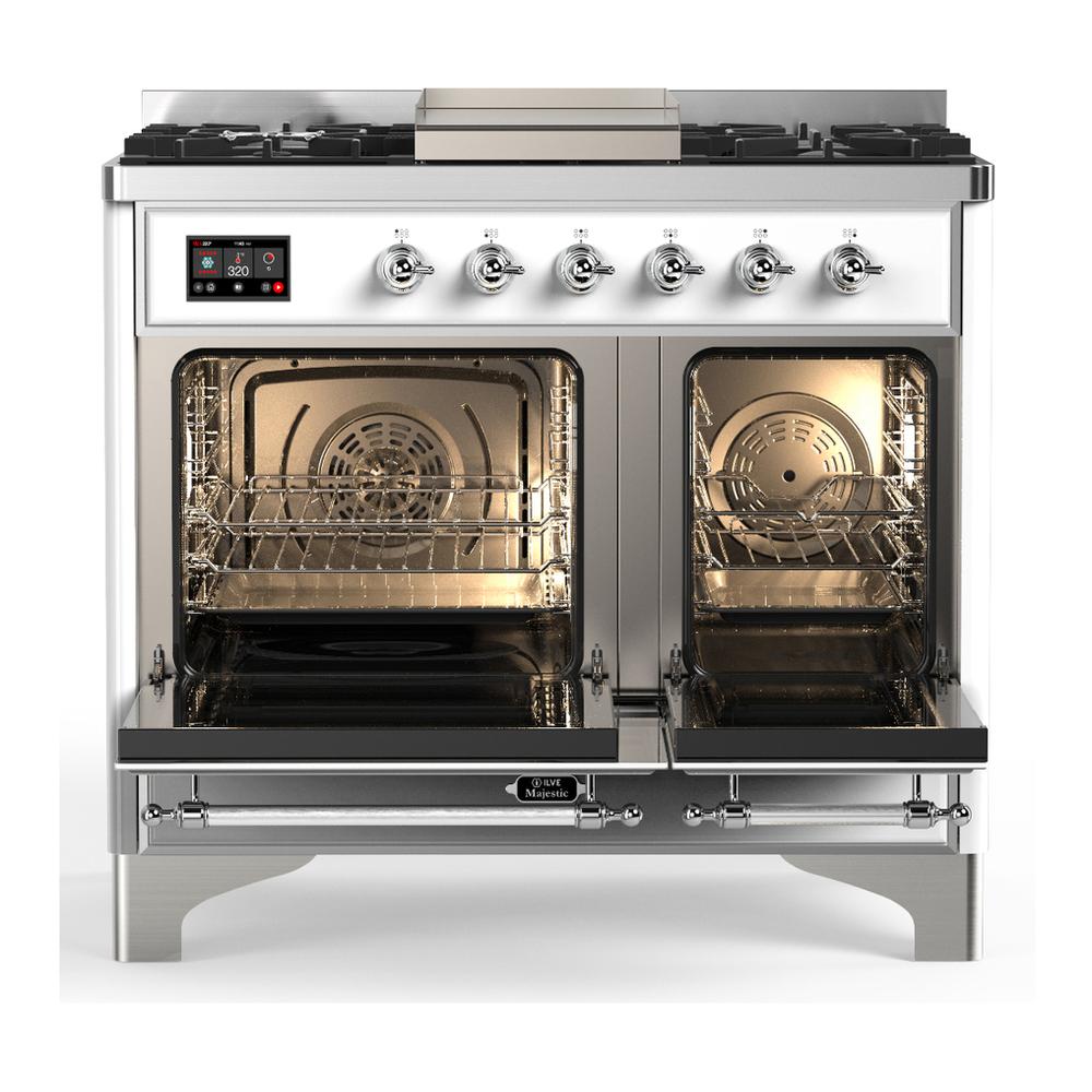 Ilve UMD40FQNR3WHC Ilve Umd40Fqnr3Whc Majestic Iii 40 Inch Dual Fuel Range With 6 Burners And Griddle, Dual Function Burner Up To 25,000 Btu (Natural Gas, Solid Door, White, Chrome)