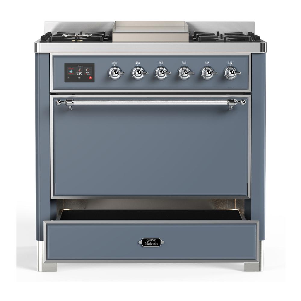 Ilve UM36FQNR3BGC Ilve Um36Fqnr3Bgc Majestic Iii 36 Inch Dual Fuel Range With 6 Black Brass Burners And Griddle, Dual Function Burner Up To 25,000 Btu (Solid Door, Blue Grey, Chrome, Natural Gas)