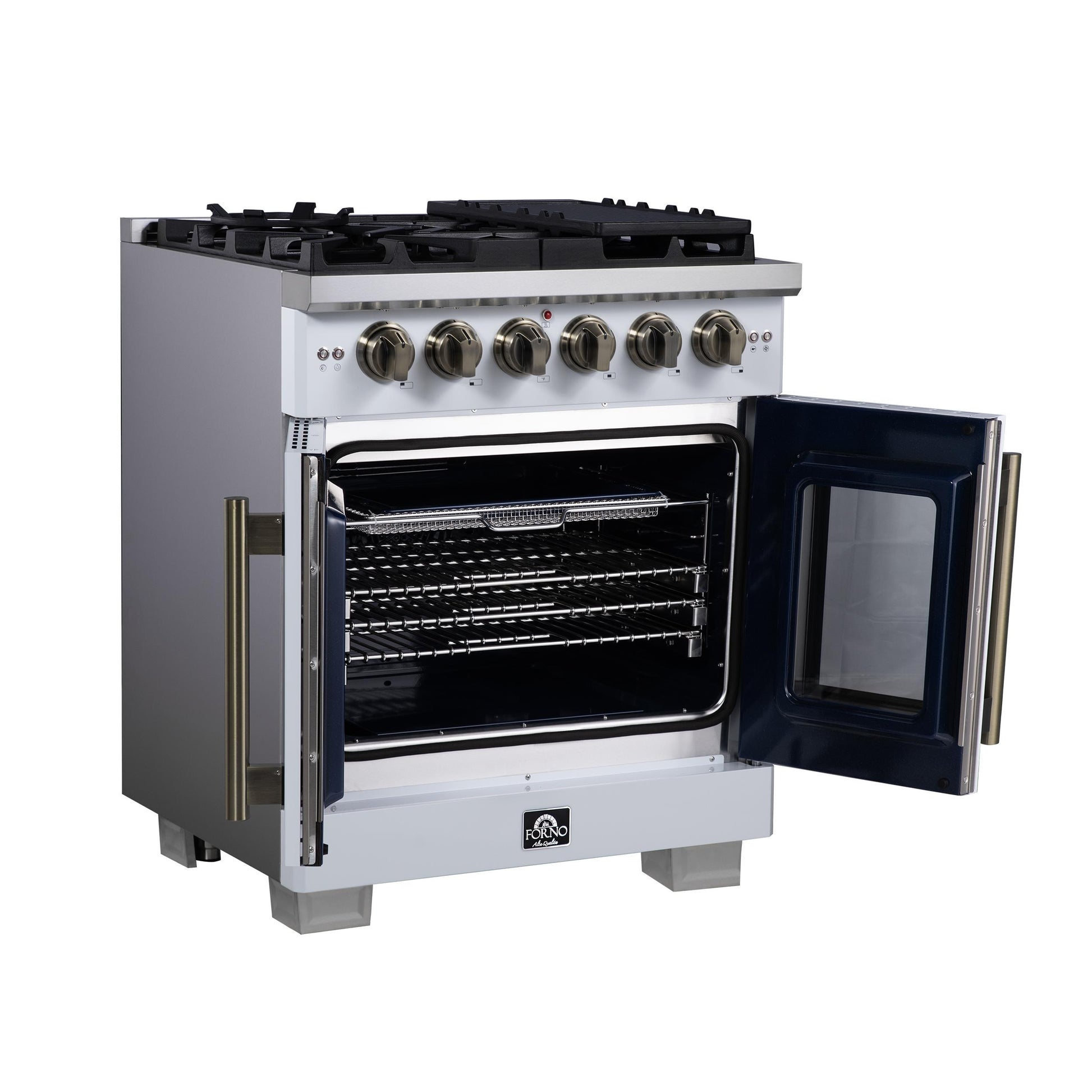 Forno FFSGS646030WHT Forno Capriasca 30-Inch White Freestanding French Door Gas Range, 4 Burners, Convection Oven, Energy Efficient