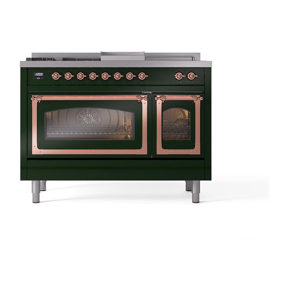 Ilve UN48FSNMPEGPLP Ilve Un48Fsnmpegplp Nostalgie Ii Noblesse 48" Dual Fuel Range (5 Sealed Burners + Griddle + French Top, Liquid Propane, Triple Glass Door, Emerald Green, Copper)