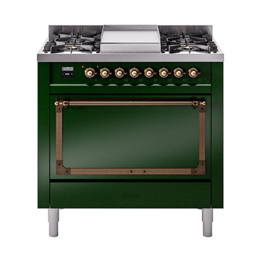 Ilve UN36FQNMPEGBLP Ilve Un36Fqnmpegblp Nostalgie Ii Noblesse 36" Dual Fuel Range (Liquid Propane, Solid Door, Emerald Green, Burnished)