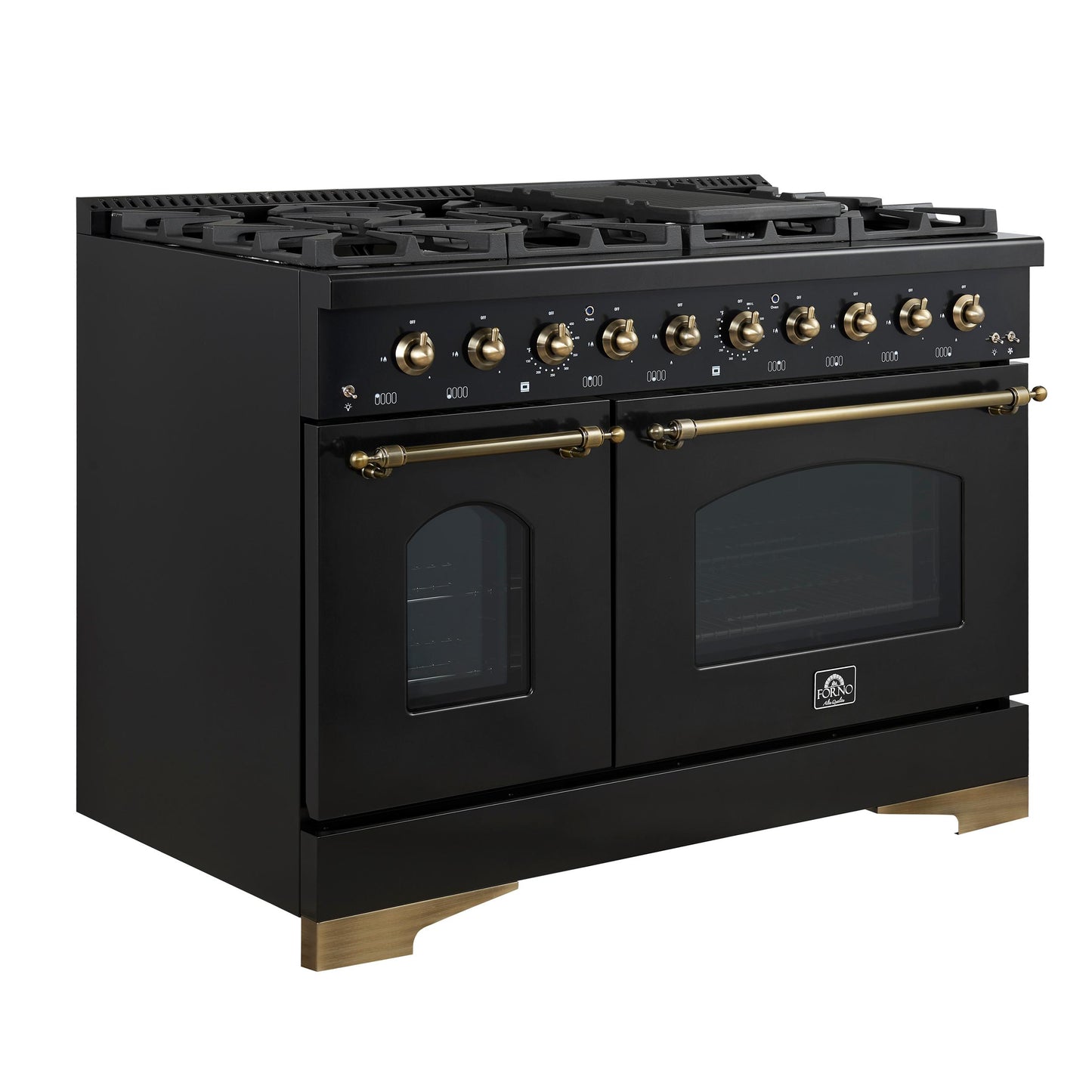 Forno FFSGS621948BLK Forno Antico 48-Inch Freestanding Gas Range, Black, Antique Brass Design, 8 Burners, Griddle, Double Ovens, Energy Efficient