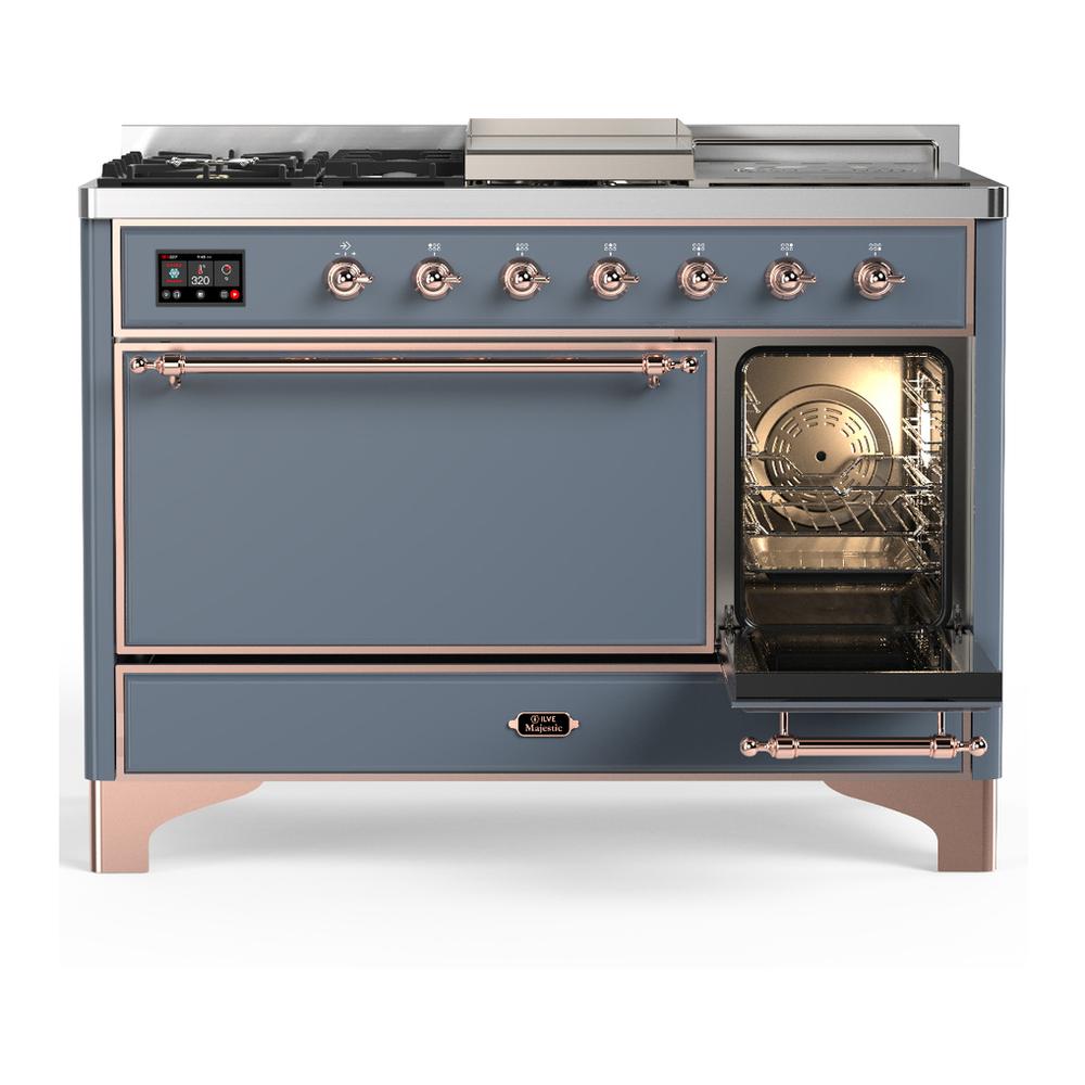 Ilve UM48FSQNR3BGP Ilve Um48Fsqnr3Bgp Majestic Iii 48 Inch Dual Fuel Range With 5 Black Brass Burners, Griddle And French Top, Dual Function Burner Up To 25,000 Btu (Natural Gas, Solid Door, Blue Grey, Copper)